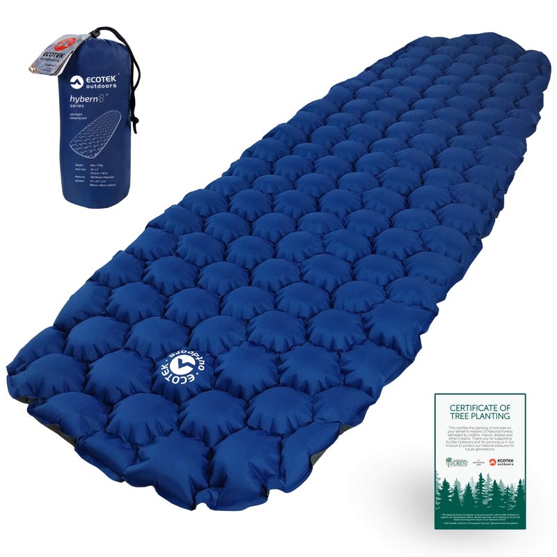 ECOTEK Outdoors Hybern8 Ultralight Inflatable Sleeping Pad with Contoured FlexCell Honeycomb Design - Easy to Inflate, Comfortable, Lightweight, Durable, and Hammock Approved [Ocean Blue] - Image 1